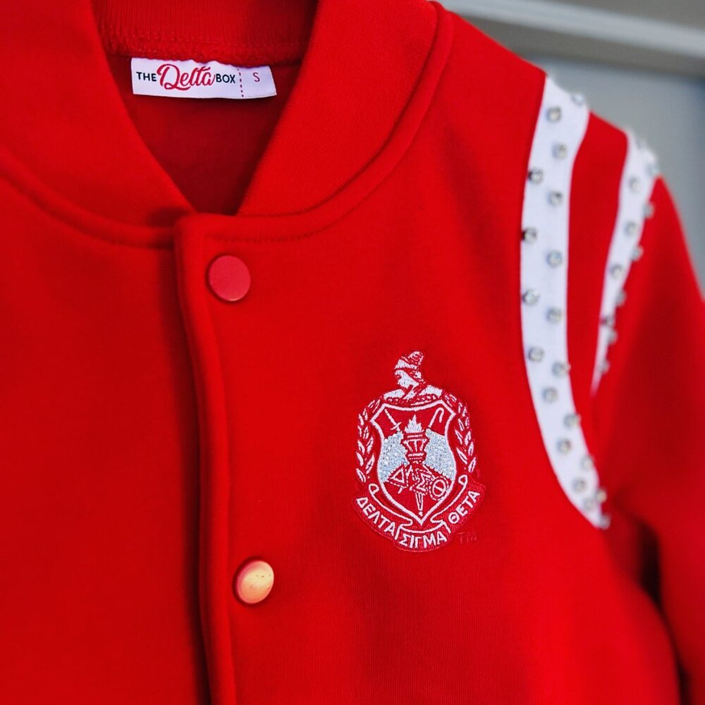 SOLD Red Embellished Varsity Jacket | Delta Sigma Theta | NWOT | Cropped Bomber - Picture 4 of 7